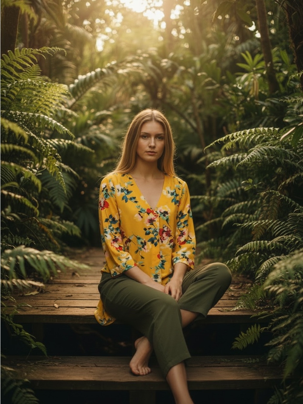 Rose + Olive Yellow Floral V-Neck Blouse 3/4 Sleeve Large
